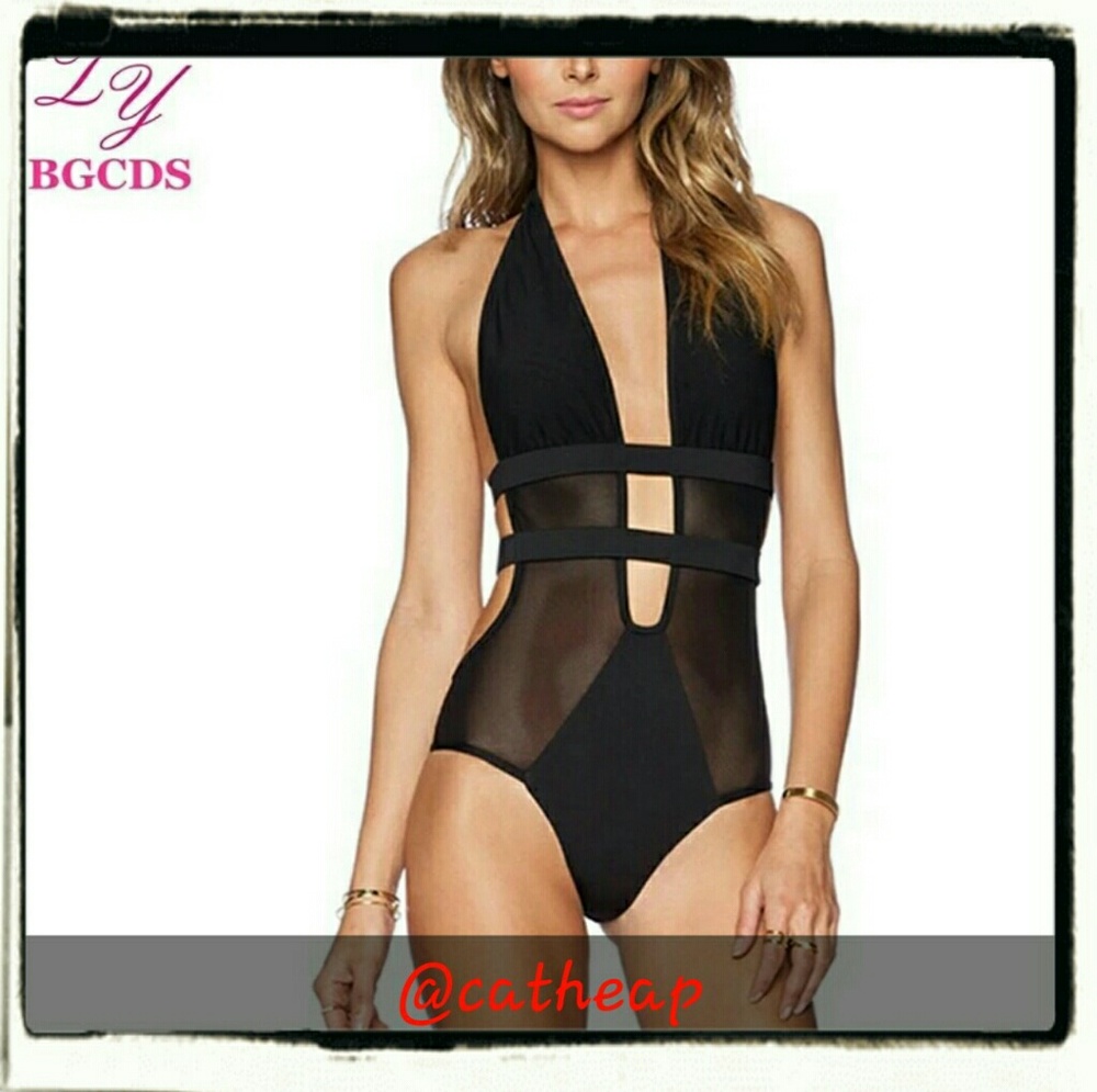BLACK SHEER STRAPPY BANDAGE ONE PIECE SWIMSUIT MESH MONOKINI